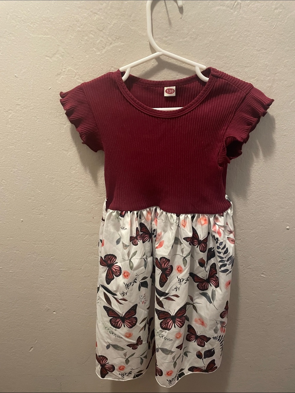 Girls Maroon Ribbed Top with Floral Butterfly Bottoms and White Butterfly Dress